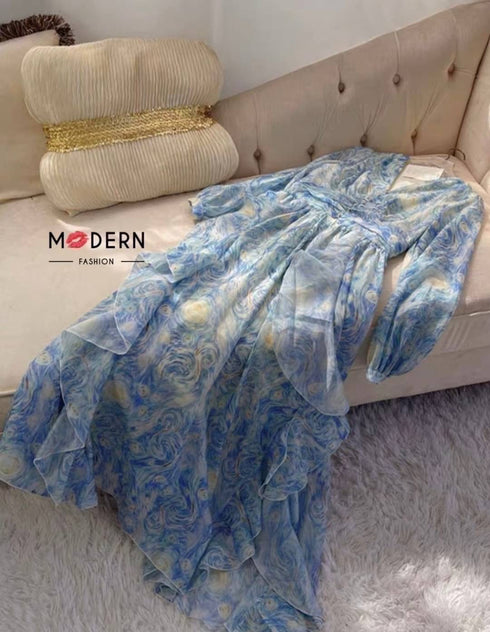 Summer chiffon Ruffle Detail Lantern Sleeves Long Maxi Dress